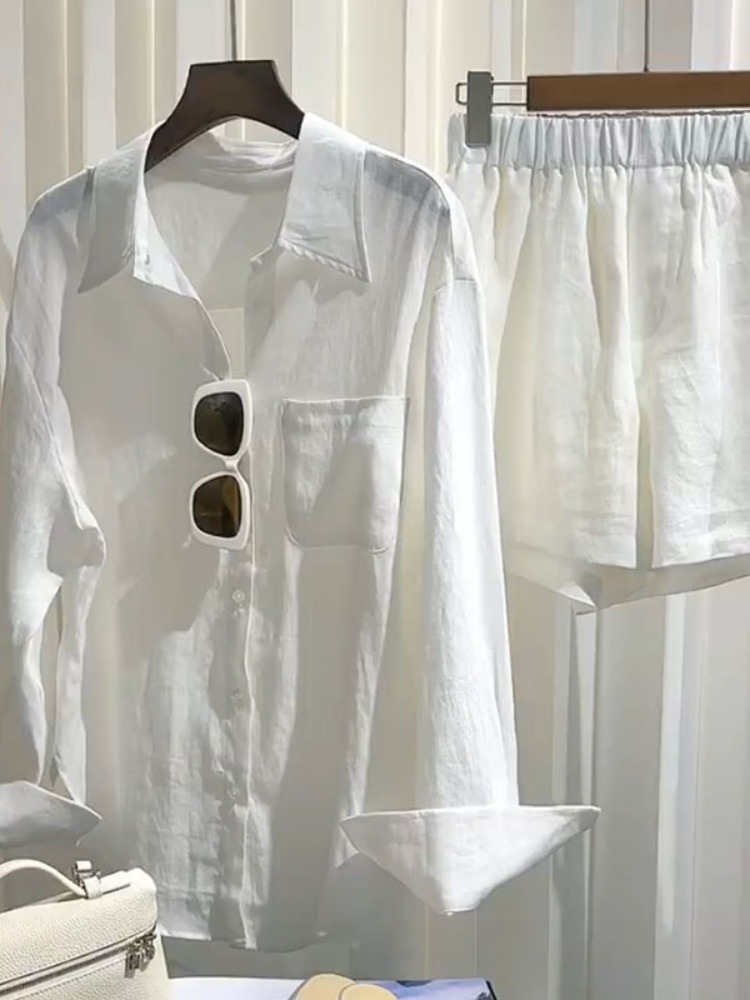 Linen Pant Wide - طقم قميص كتان صيفي للنساء مع