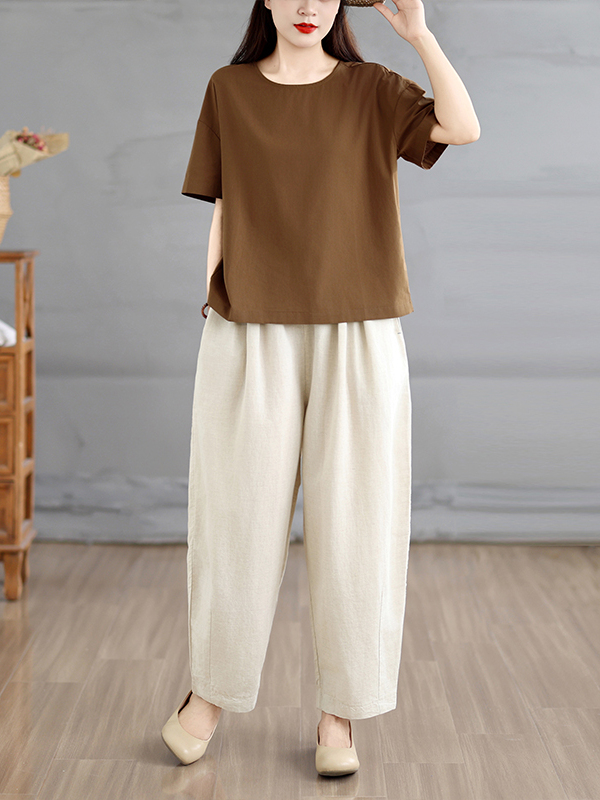 Linen Pant Wide - طقم نسائي صيفي بأسلوب عرقي، بنطلون