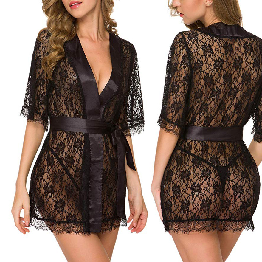 Kimono Sheer Floral - قميص نوم نسائي مزين بالدانتيل الزهري